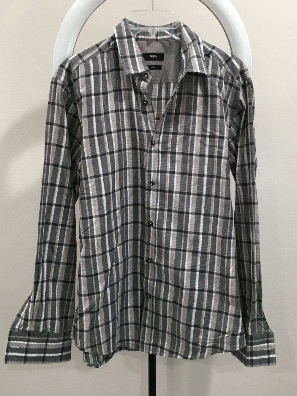 HUGO BOSS Gray Black White Plaid Long Sleeve Button Shirt